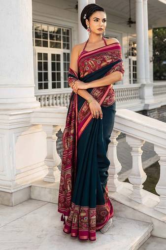 navy blue solid cotton blend saree with unstitched blouse piece