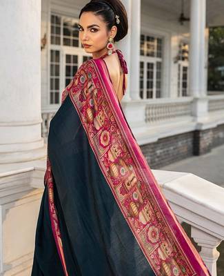 navy blue solid cotton blend saree with unstitched blouse piece 2