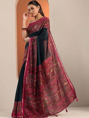 navy blue solid cotton blend saree with unstitched blouse piece 4