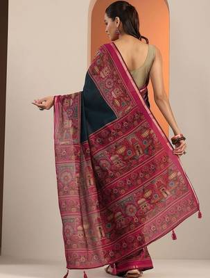 navy blue solid cotton blend saree with unstitched blouse piece 5