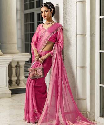 pink embellishments jimmy choo satin saree with unstitched blouse piece 1