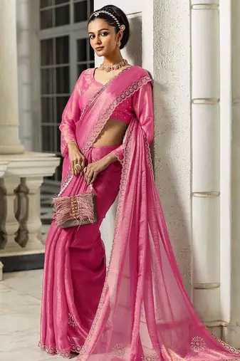 pink embellishments jimmy choo satin saree with unstitched blouse piece