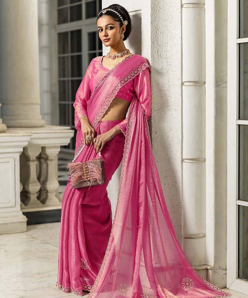 pink embellishments jimmy choo satin saree with unstitched blouse piece
