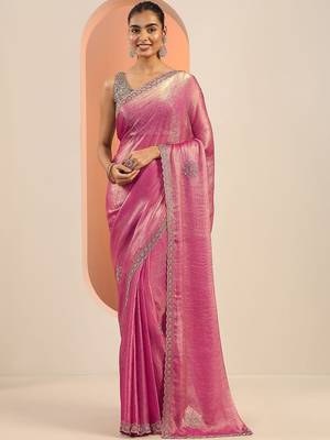 pink embellishments jimmy choo satin saree with unstitched blouse piece 2