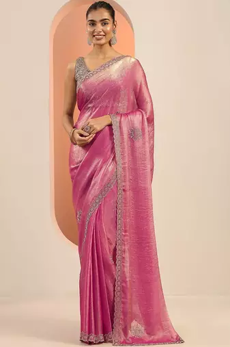 pink embellishments jimmy choo satin saree with unstitched blouse piece