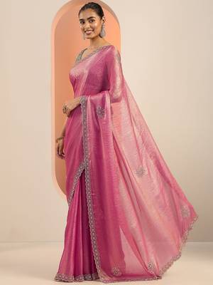 pink embellishments jimmy choo satin saree with unstitched blouse piece 3