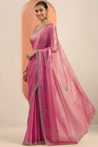pink embellishments jimmy choo satin saree with unstitched blouse piece