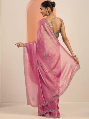 pink embellishments jimmy choo satin saree with unstitched blouse piece 4
