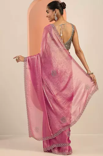 pink embellishments jimmy choo satin saree with unstitched blouse piece