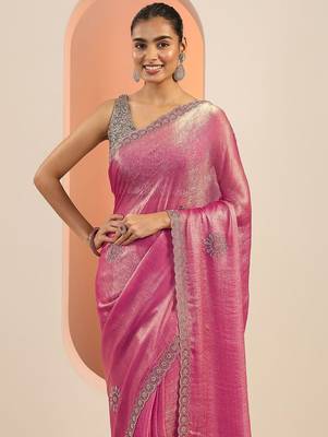 pink embellishments jimmy choo satin saree with unstitched blouse piece 5
