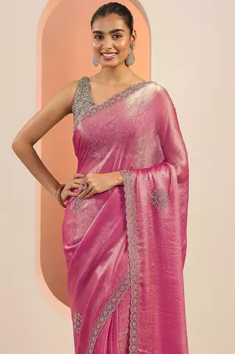 pink embellishments jimmy choo satin saree with unstitched blouse piece