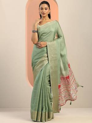 green woven design georgette saree with unstitched blouse piece 2