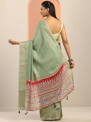 green woven design georgette saree with unstitched blouse piece 4