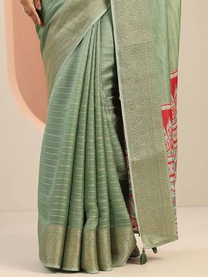 green woven design georgette saree with unstitched blouse piece 5