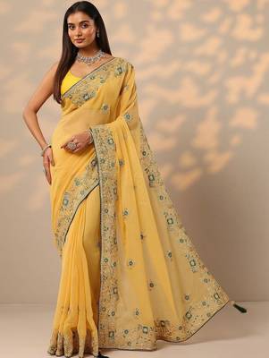yellow embroidered chinon saree with unstitched blouse piece 1
