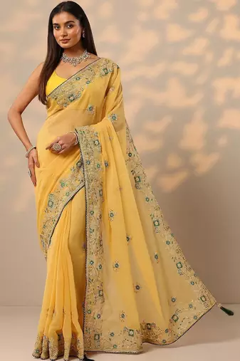 yellow embroidered chinon saree with unstitched blouse piece