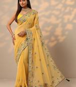 yellow embroidered chinon saree with unstitched blouse piece