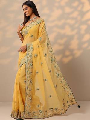 yellow embroidered chinon saree with unstitched blouse piece 2