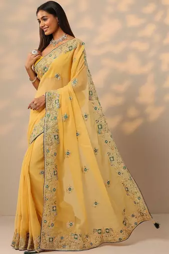 yellow embroidered chinon saree with unstitched blouse piece