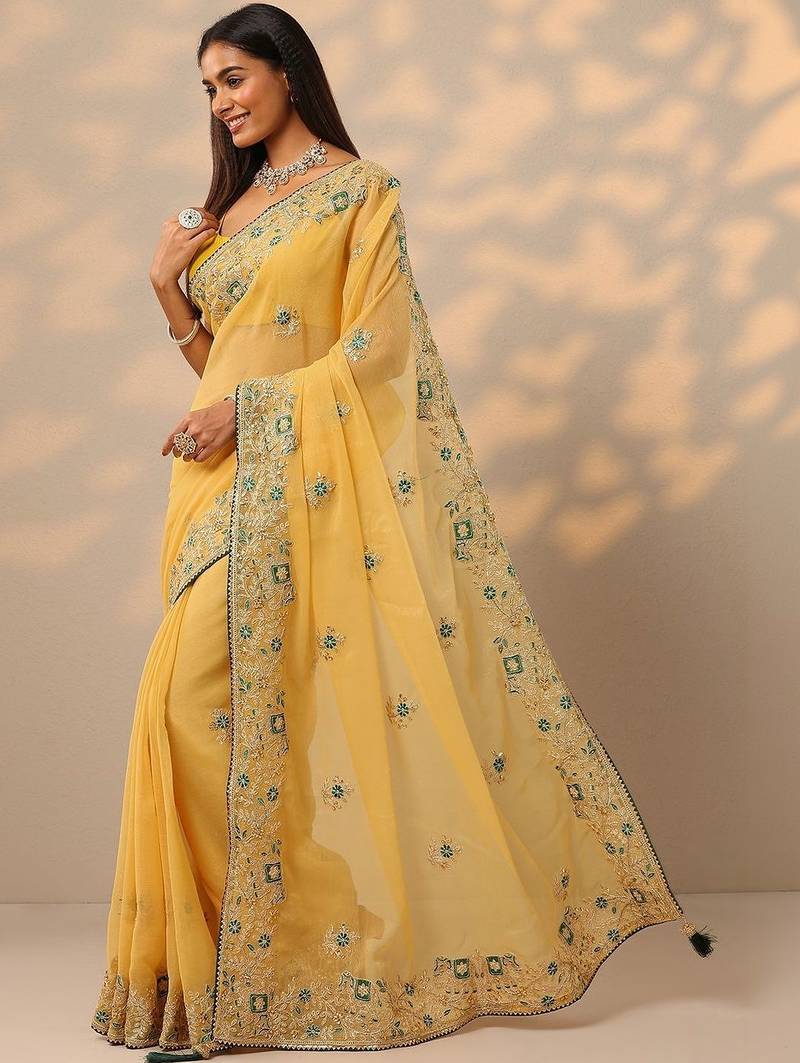 yellow embroidered chinon saree with unstitched blouse piece