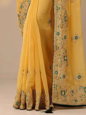 yellow embroidered chinon saree with unstitched blouse piece 3