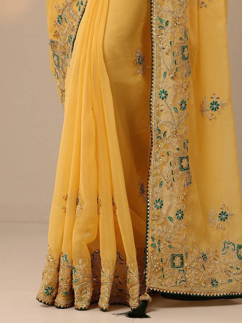 yellow embroidered chinon saree with unstitched blouse piece