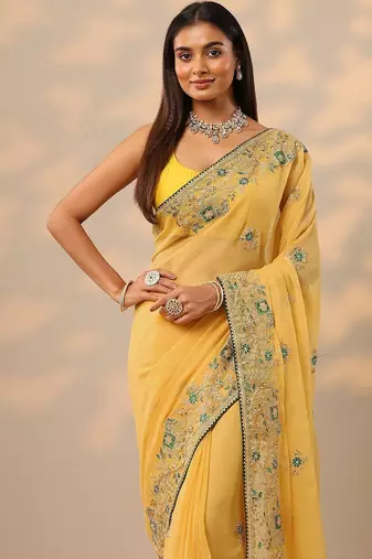 yellow embroidered chinon saree with unstitched blouse piece