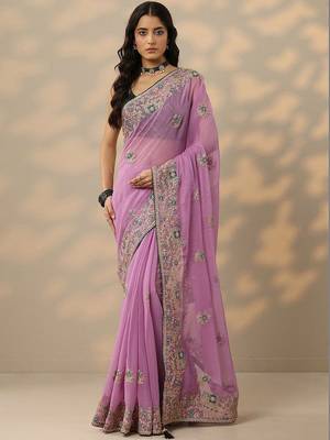 lavender embroidered chinon saree with unstitched blouse piece 1