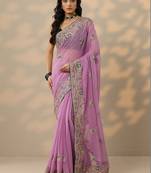 lavender embroidered chinon saree with unstitched blouse piece