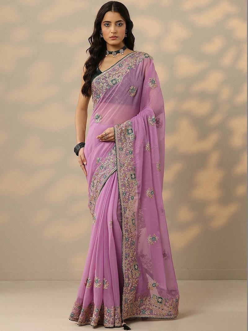 lavender embroidered chinon saree with unstitched blouse piece