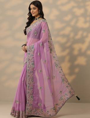 lavender embroidered chinon saree with unstitched blouse piece 2