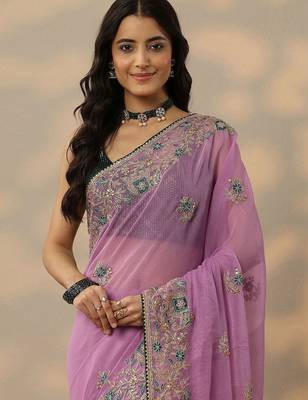 lavender embroidered chinon saree with unstitched blouse piece 3