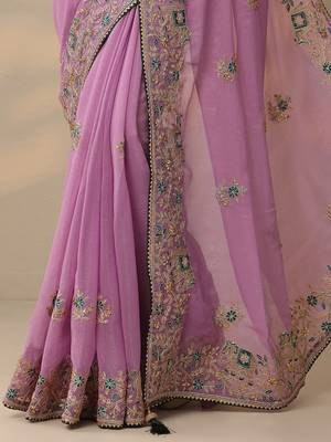 lavender embroidered chinon saree with unstitched blouse piece 4