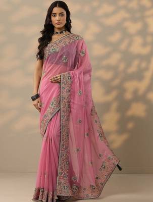 pink embroidered chinon saree with unstitched blouse piece 1