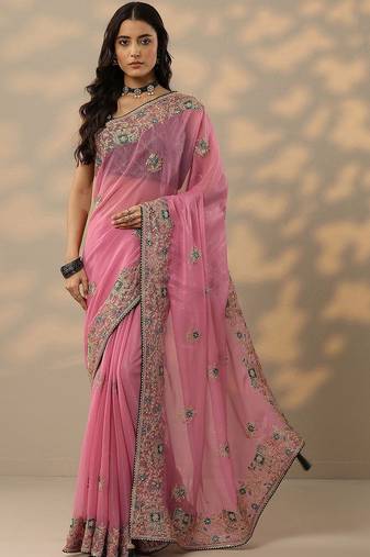 pink embroidered chinon saree with unstitched blouse piece