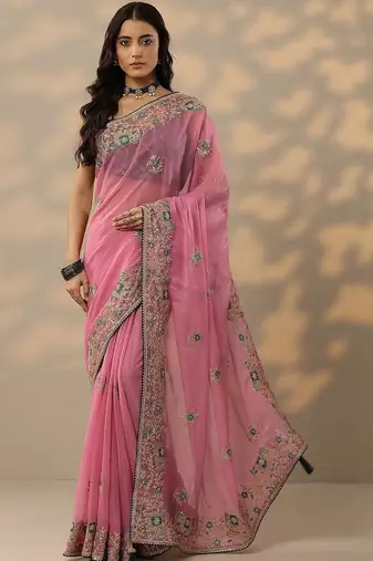 pink embroidered chinon saree with unstitched blouse piece