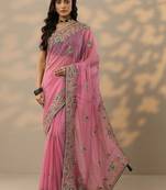 pink embroidered chinon saree with unstitched blouse piece