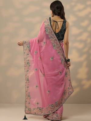 pink embroidered chinon saree with unstitched blouse piece 2