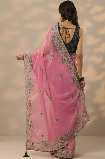 pink embroidered chinon saree with unstitched blouse piece