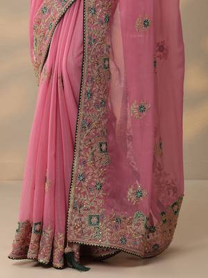 pink embroidered chinon saree with unstitched blouse piece 3