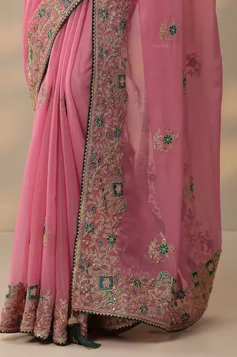 pink embroidered chinon saree with unstitched blouse piece