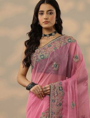 pink embroidered chinon saree with unstitched blouse piece 5