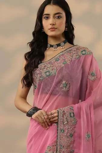 pink embroidered chinon saree with unstitched blouse piece