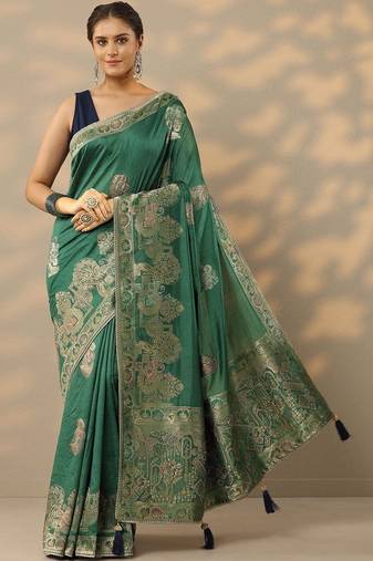 green embellished baluchari saree with unstitched blouse piece