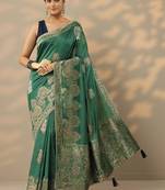 green embellished baluchari saree with unstitched blouse piece