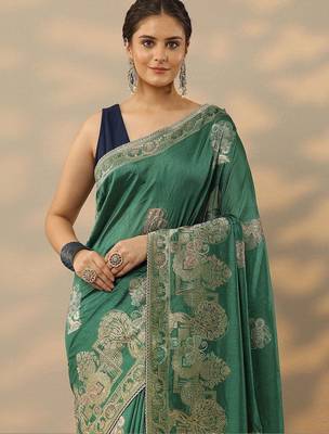 green embellished baluchari saree with unstitched blouse piece 2