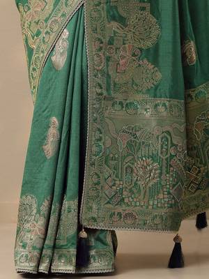 green embellished baluchari saree with unstitched blouse piece 3