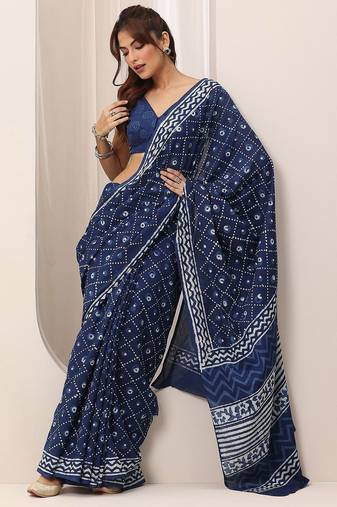 blue geometric printed saree with blouse piece