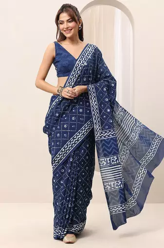 blue geometric printed saree with blouse piece