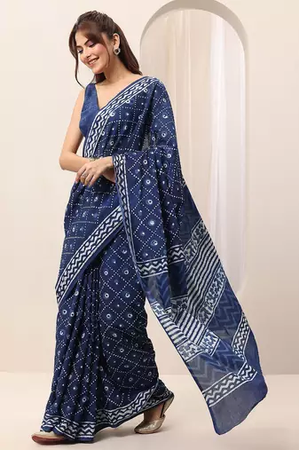 blue geometric printed saree with blouse piece